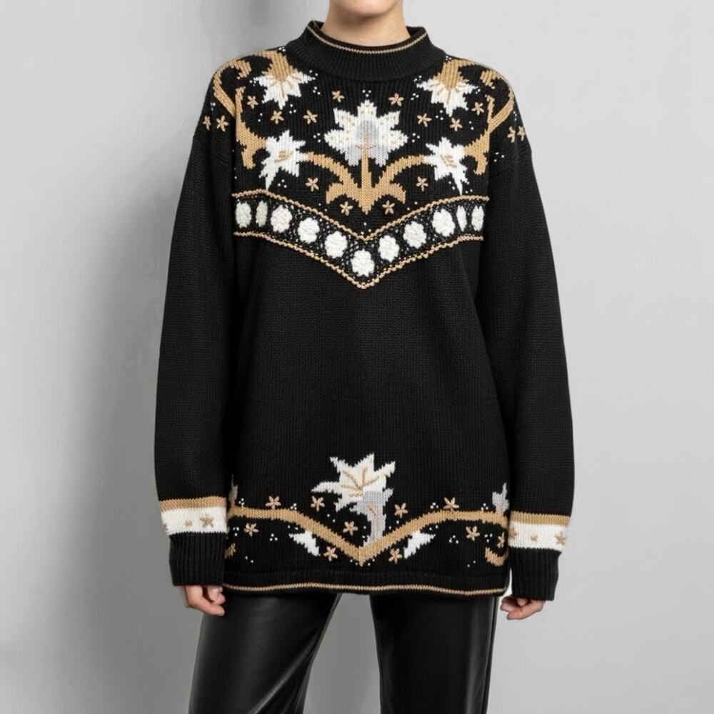 80s Gold Silver Christmas Mock Neck Sweater Festive Holiday Metallic Grandma M